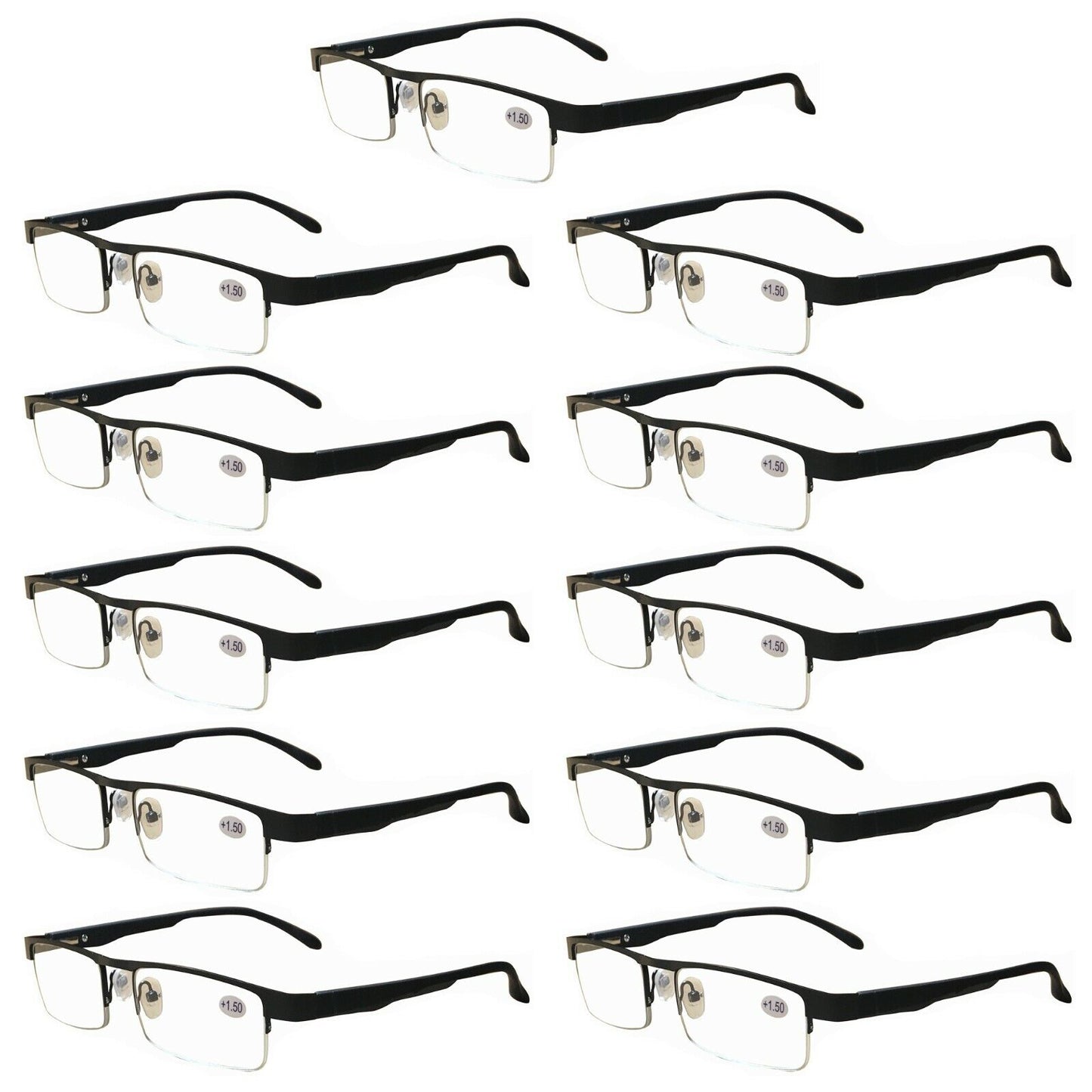 11 Pairs Mens Metal Black Frame Rectangular Reading Glasses Spring Hinge Readers