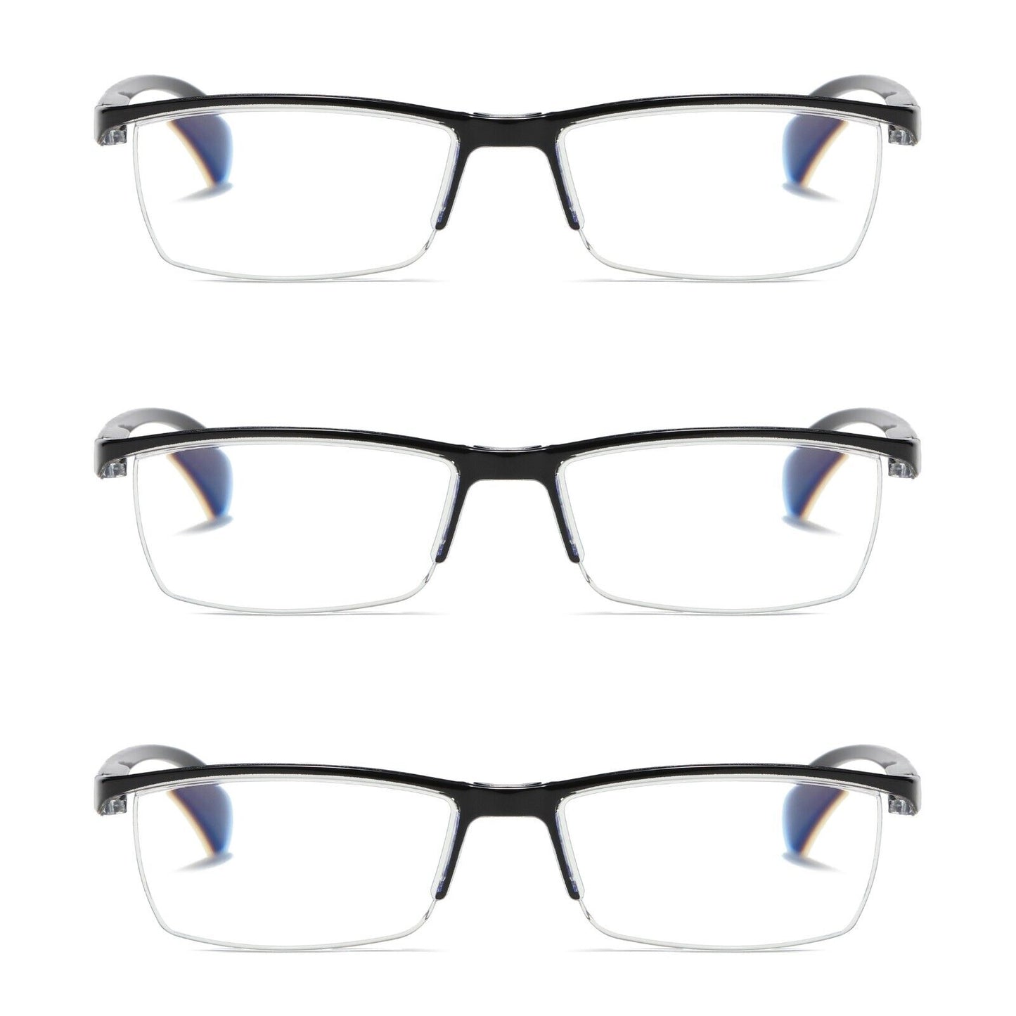 3 PK Mens Half Frame Spring Hinge Reading Glasses Blue Light Blocking Readers