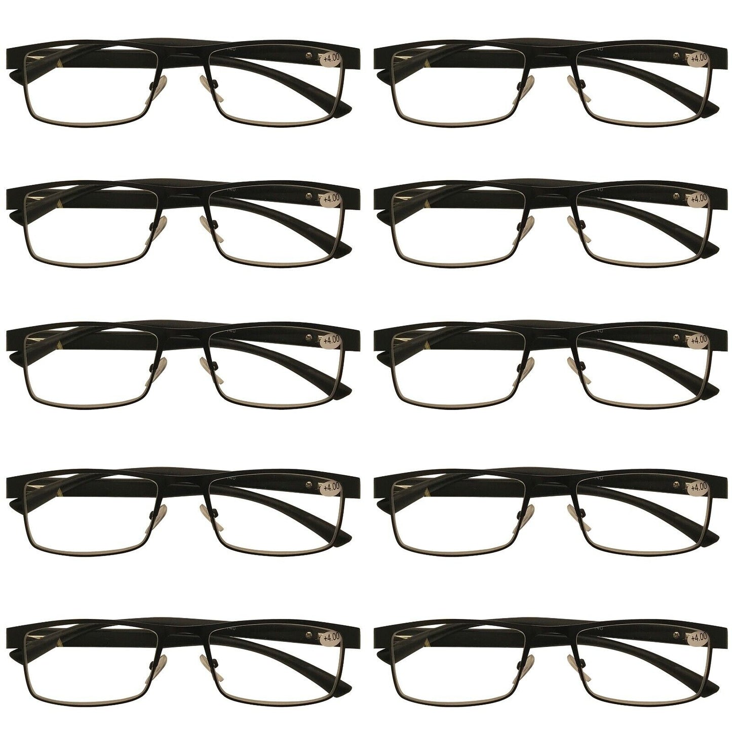 10 Packs Mens Rectangle Metal Frame Reading Glasses Black Spring Hinge Readers