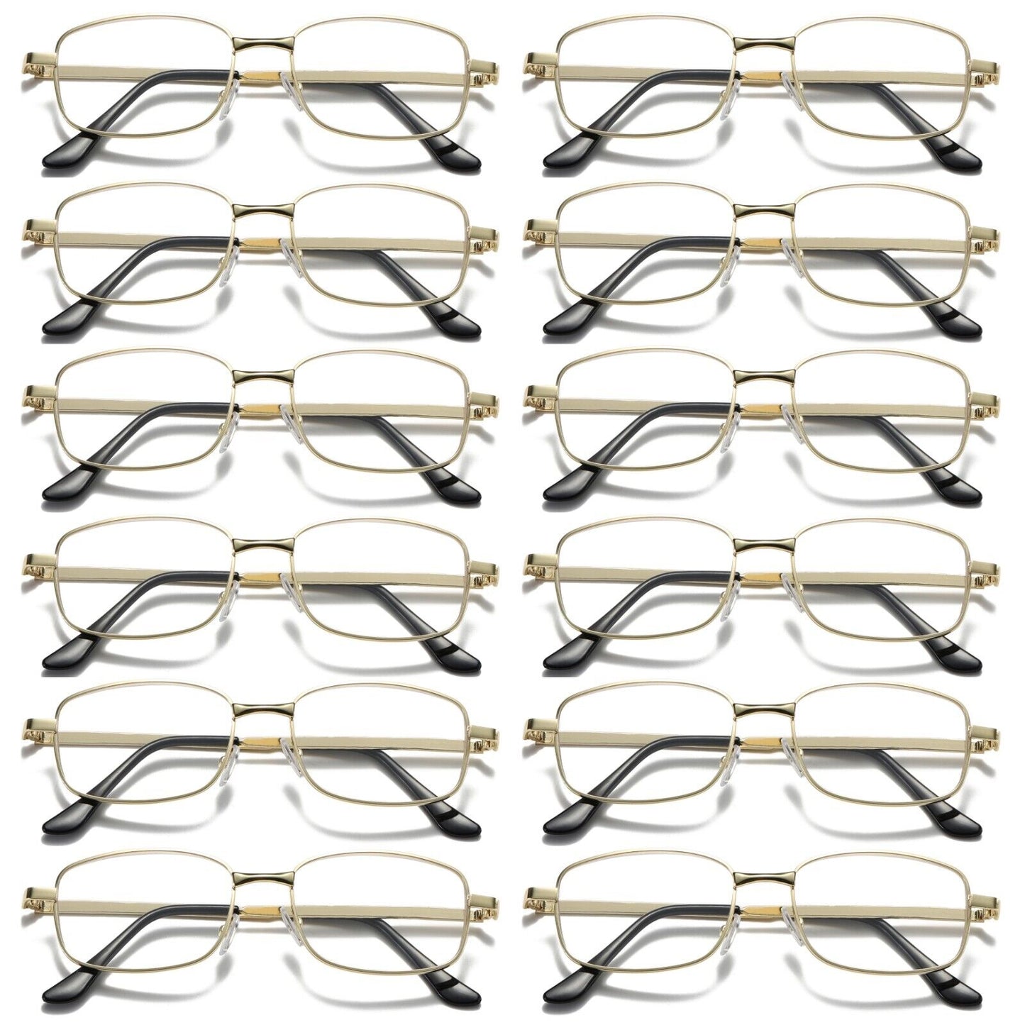12Pair Mens Square Metal Frame Golden Reading Glasses Classic Readers Eyeglasses