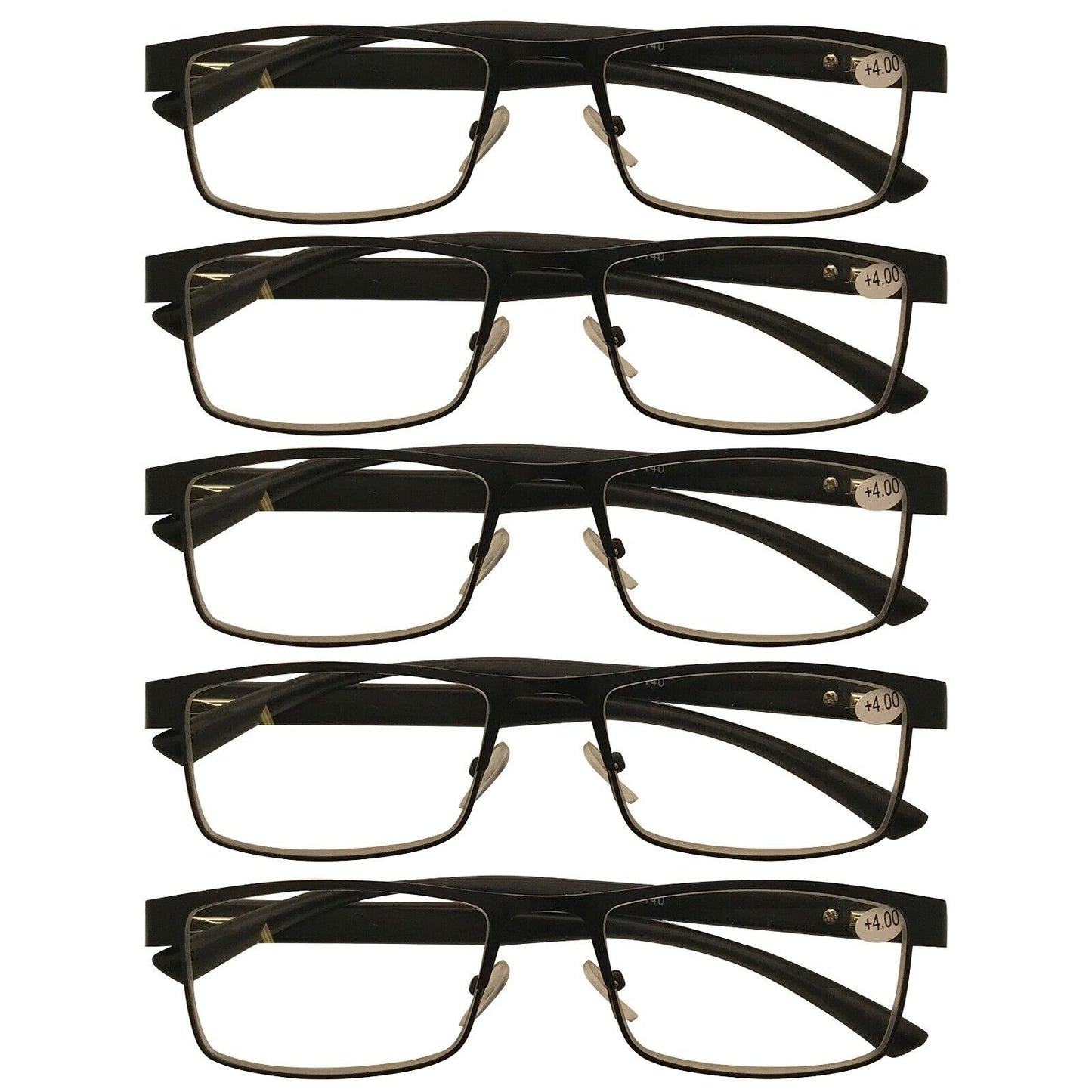 5 Packs Mens Rectangle Metal Frame Reading Glasses Black Spring Hinge Readers