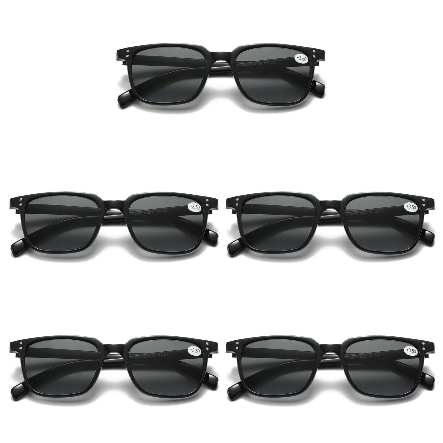 5 PK Unisex Full Lens Tinted Sun Readers Reading Sunglasses UV400 Black Frame