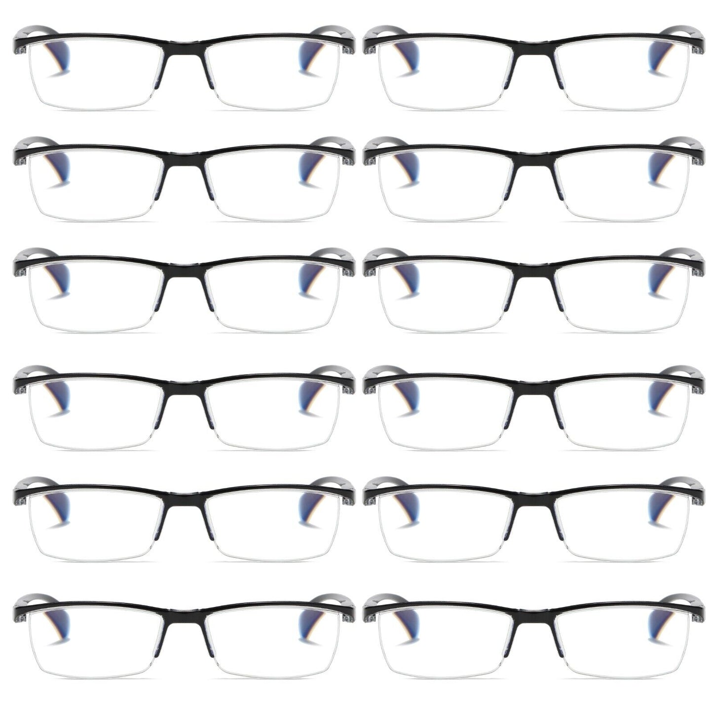 12 PK Mens Half Frame Spring Hinge Reading Glasses Blue Light Blocking Readers