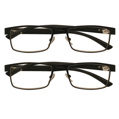 2 Packs Mens Rectangle Metal Frame Reading Glasses Black Spring Hinge Readers