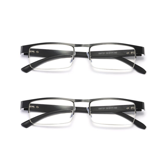 2 Pair Mens Metal Half Frame Rectangle Reading Glasses Spring Hinge Slim Readers