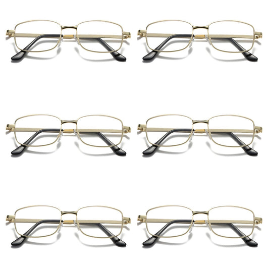 6 Pair Mens Square Metal Frame Golden Reading Glasses Classic Readers Eyeglasses