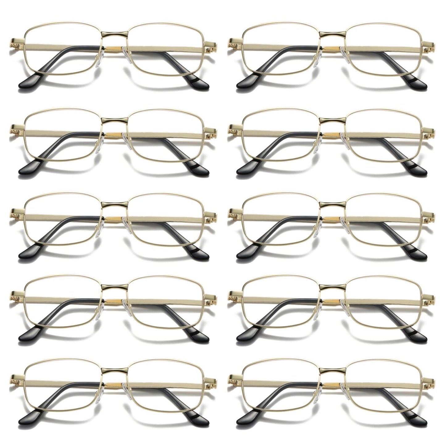 10Pair Mens Square Metal Frame Golden Reading Glasses Classic Readers Eyeglasses