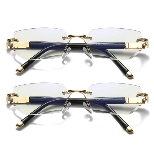 2PK Men's Diamond Shape Rimless Blue Light Blocking Reading Glasses Metal Readers