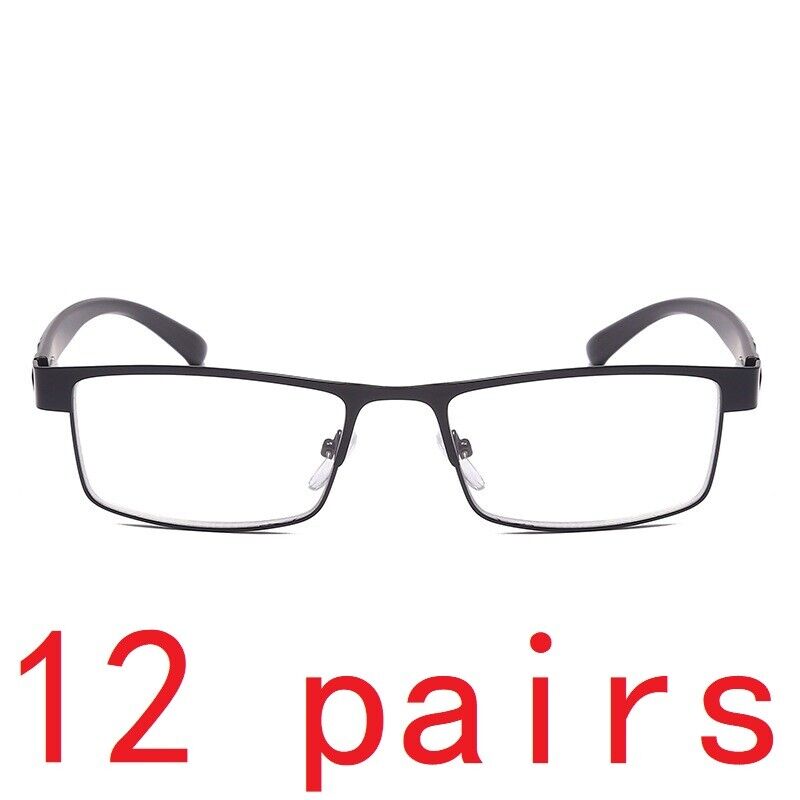 12 Pack Men Classic Style Square Metal Frame Reading Glasses Spring Hinge Reader