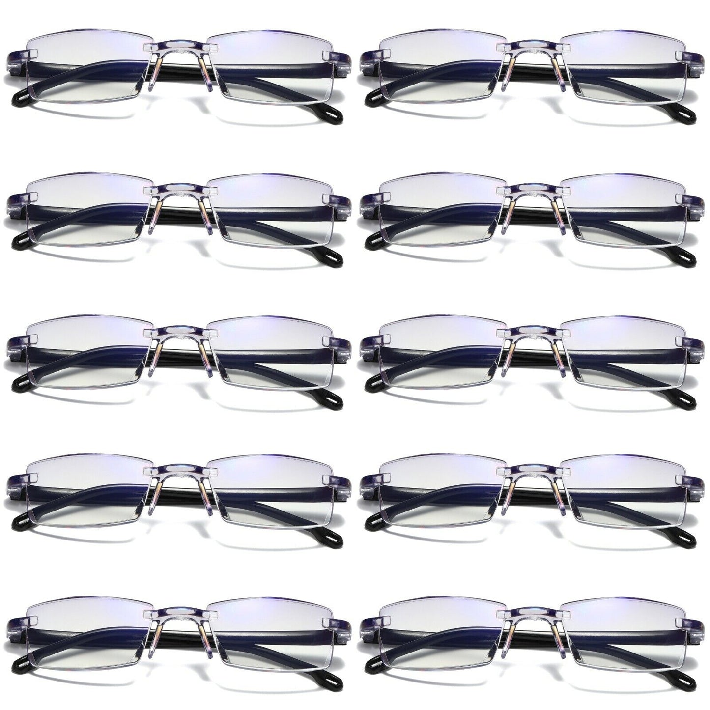 10PK Mens Rectangular Rimless Blue Light Blocking Reading Glasses Unisex Readers