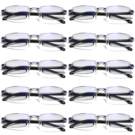 10PK Mens Rectangular Rimless Blue Light Blocking Reading Glasses Unisex Readers