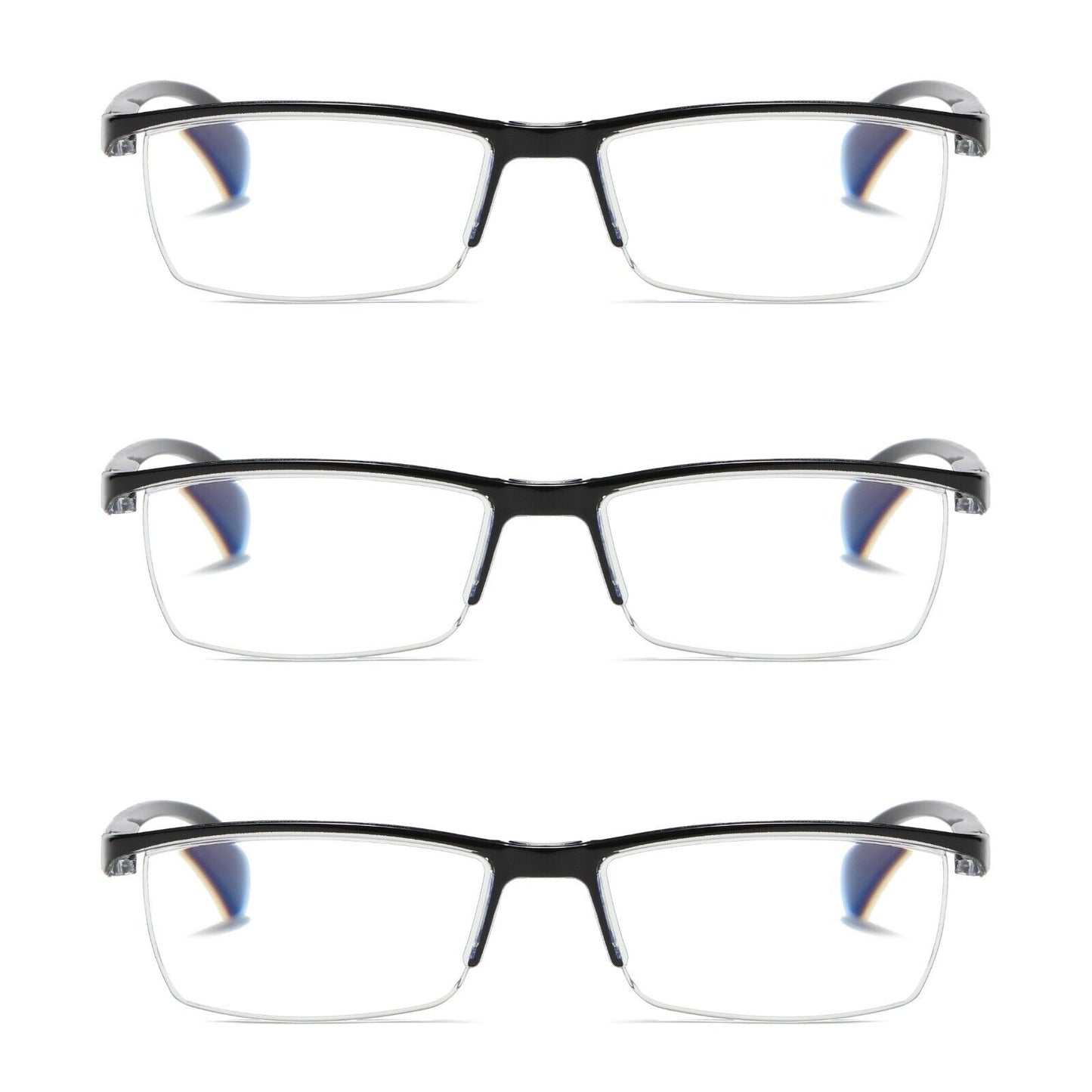 3 PK Mens Half Frame Spring Hinge Reading Glasses Blue Light Blocking Readers