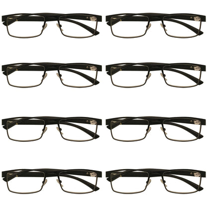 8 Packs Mens Rectangle Metal Frame Reading Glasses Black Spring Hinge Readers