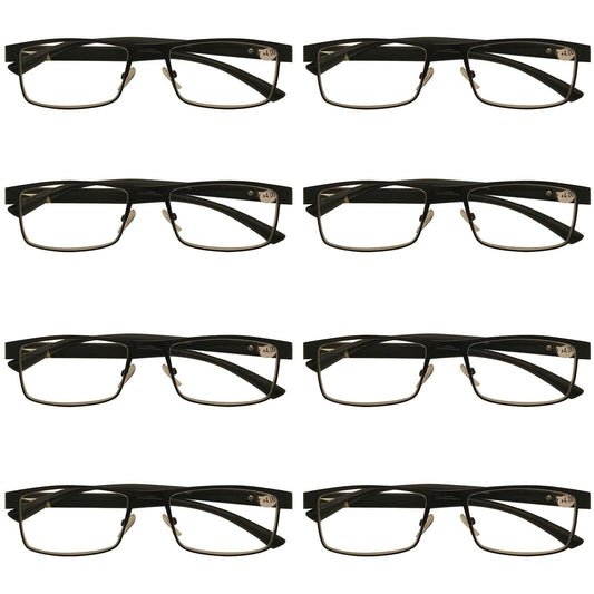 8 Packs Mens Rectangle Metal Frame Reading Glasses Black Spring Hinge Readers