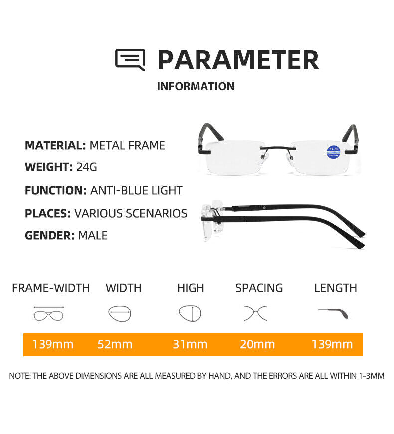 1 Pair Mens Rectangular Blue Light Blocking Reading Glasses Spring Hinge Readers