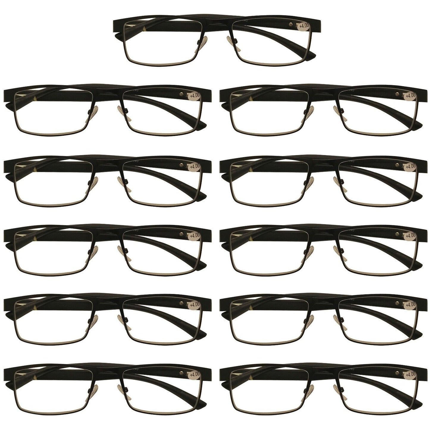 12 Packs Mens Rectangle Metal Frame Reading Glasses Black Spring Hinge Readers