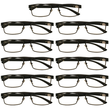 12 Packs Mens Rectangle Metal Frame Reading Glasses Black Spring Hinge Readers