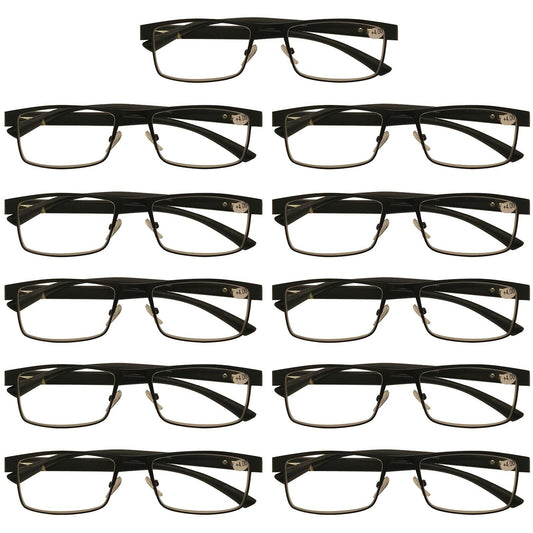 12 Packs Mens Rectangle Metal Frame Reading Glasses Black Spring Hinge Readers