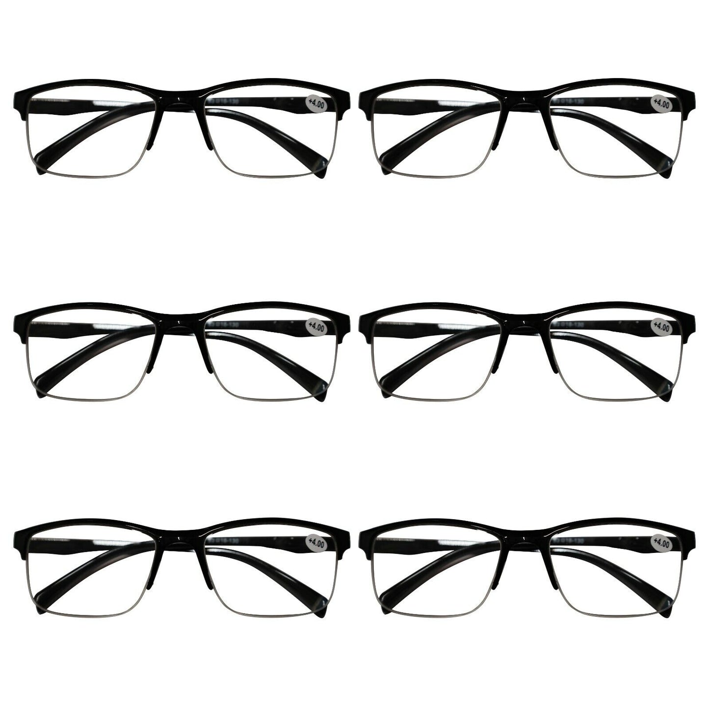 6 Packs Mens Unisex Half Frame Square Reading Glasses Black Spring Hinge Readers