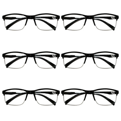 6 Packs Mens Unisex Half Frame Square Reading Glasses Black Spring Hinge Readers