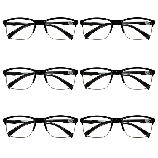 6 Packs Mens Unisex Half Frame Square Reading Glasses Black Spring Hinge Readers