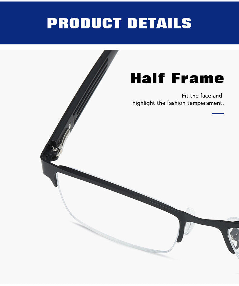 1 PK Mens Spring Hinge Blue Light Blocking Reading Glasses Half Frame Readers