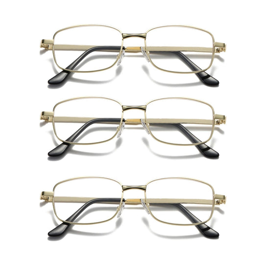 3 Pair Mens Square Metal Frame Golden Reading Glasses Classic Readers Eyeglasses