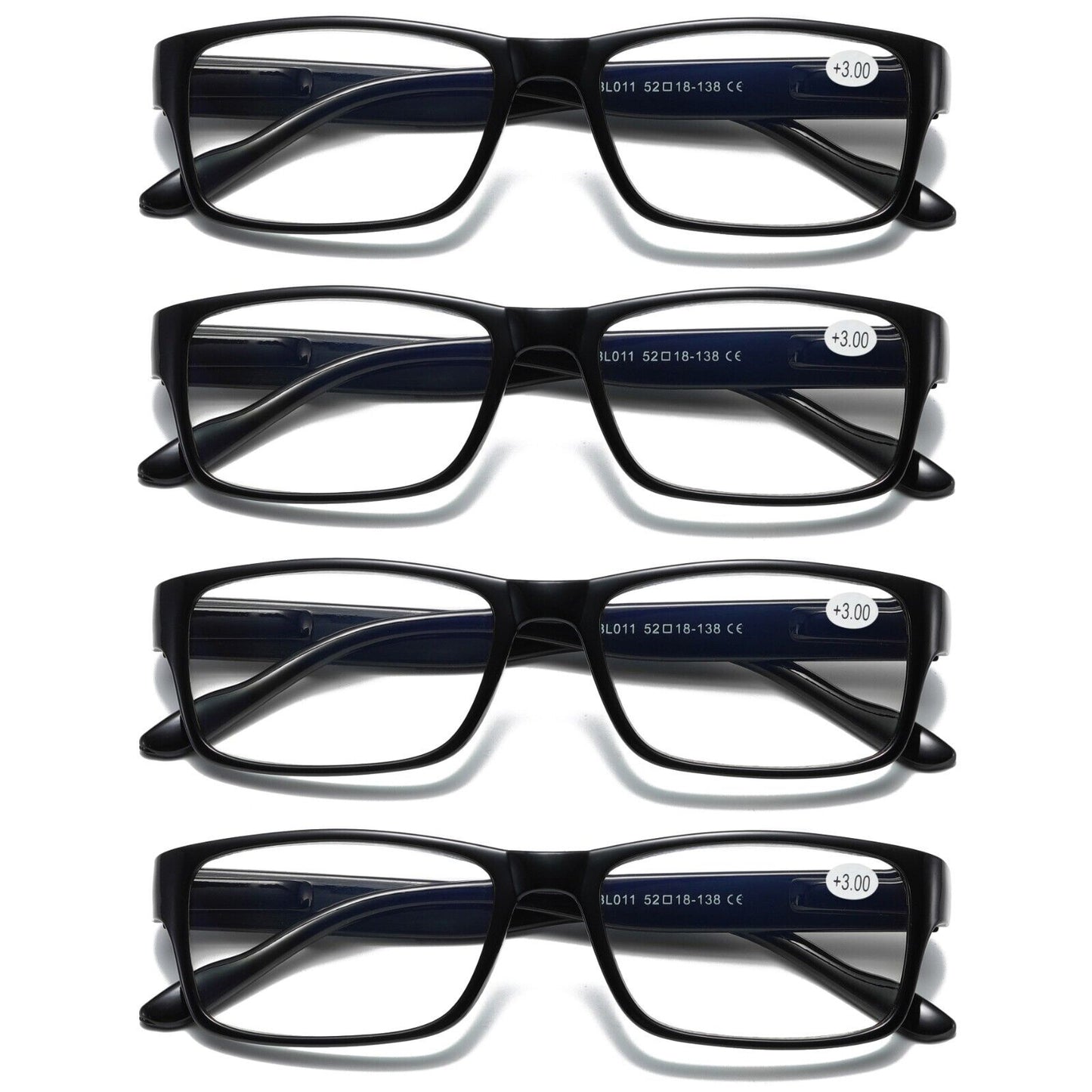 4 PK Mens Unisex Blue Light Blocking Reading Glasses Black Spring Hinge Readers