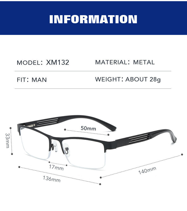 1 PK Mens Spring Hinge Blue Light Blocking Reading Glasses Half Frame Readers