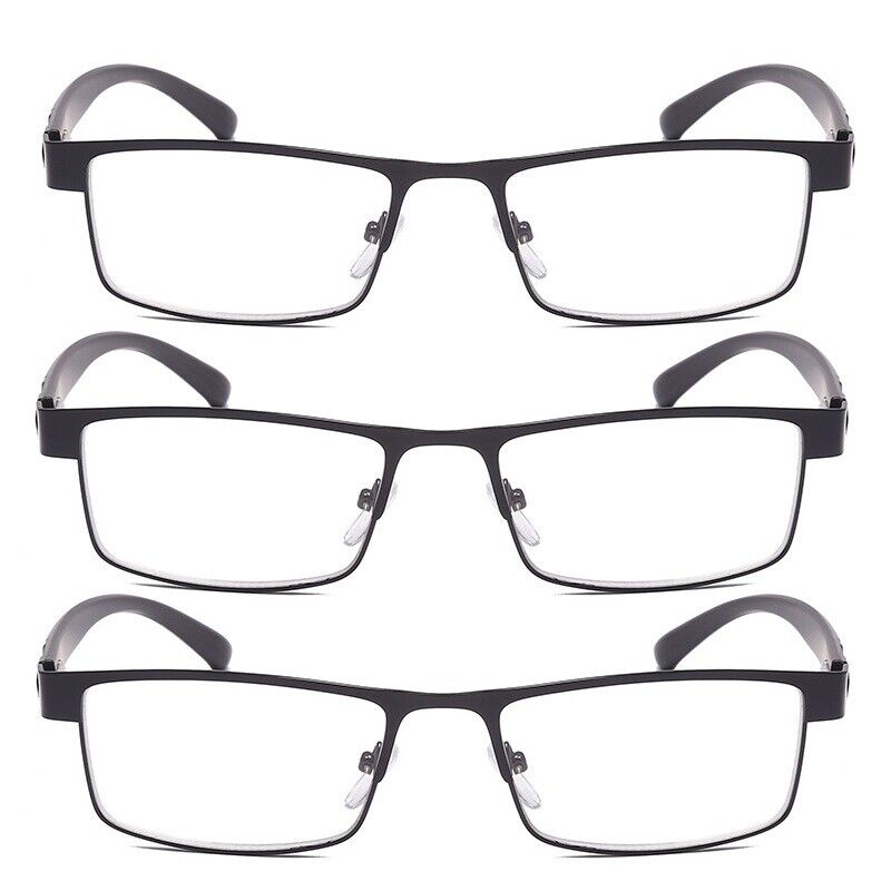 3 Pack Men Classic Style Square Metal Frame Reading Glasses Spring Hinge Readers