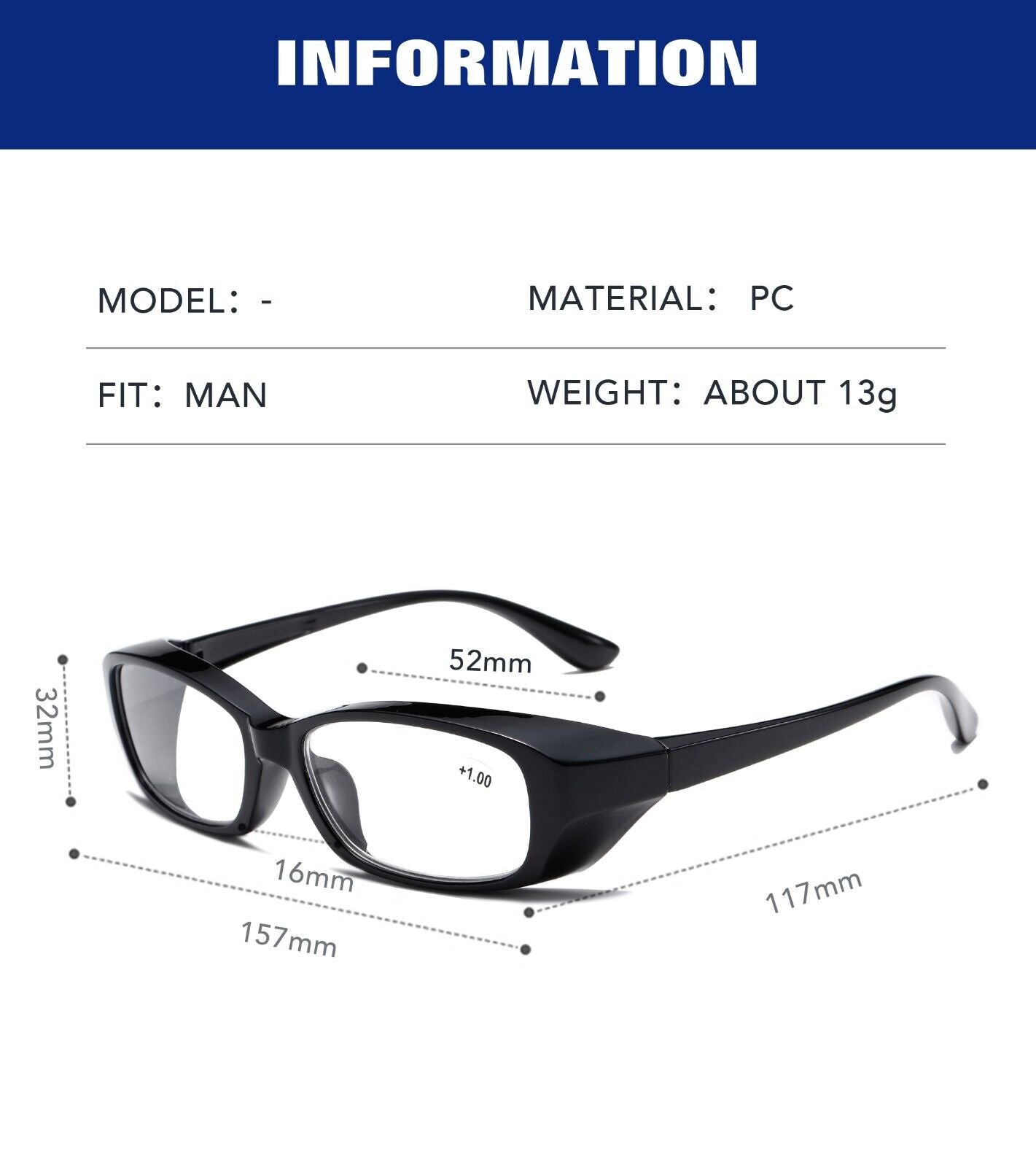 1 PK Full Lens Men Womens Black Reading Glasses Clear Readers with Side Shields