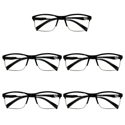 5 Packs Mens Unisex Half Frame Square Reading Glasses Black Spring Hinge Readers