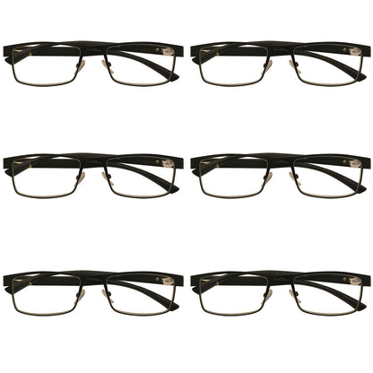 6 Packs Mens Rectangle Metal Frame Reading Glasses Black Spring Hinge Readers