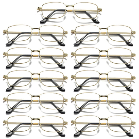 11Pair Mens Square Metal Frame Golden Reading Glasses Classic Readers Eyeglasses