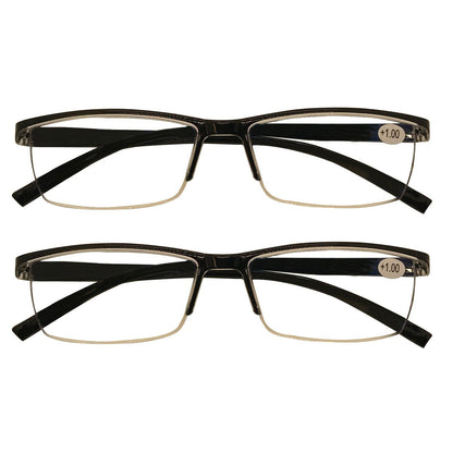 2 Packs Mens Rectangle Half Frame Reading Glasses Black Spring Hinge Readers