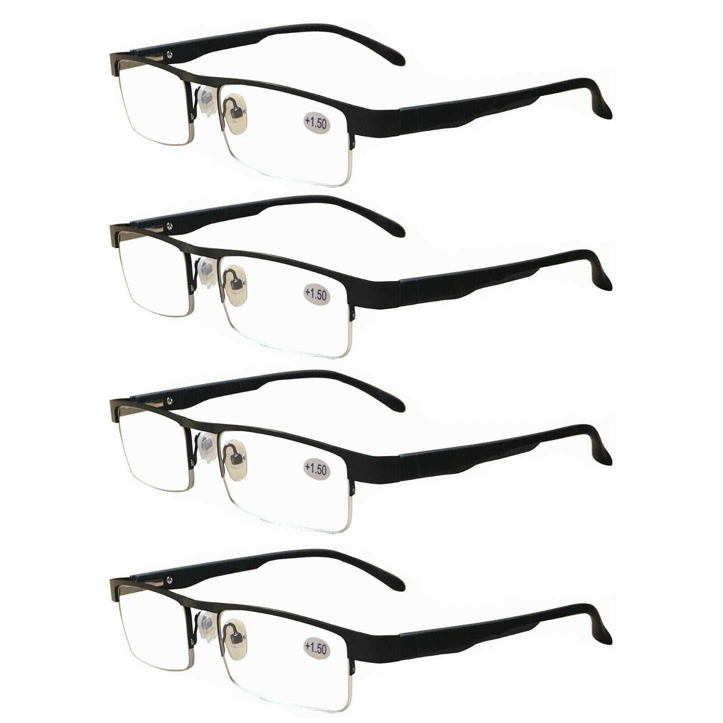 4 Pairs Mens Metal Black Frame Rectangular Reading Glasses Spring Hinge Readers