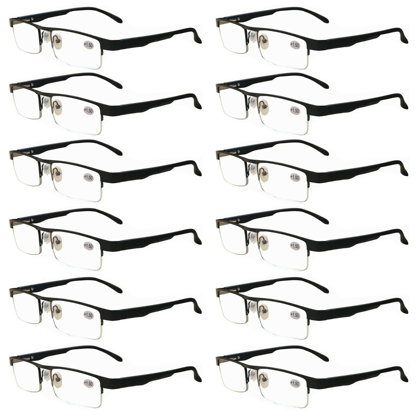 12 Pairs Mens Metal Black Frame Rectangular Reading Glasses Spring Hinge Readers