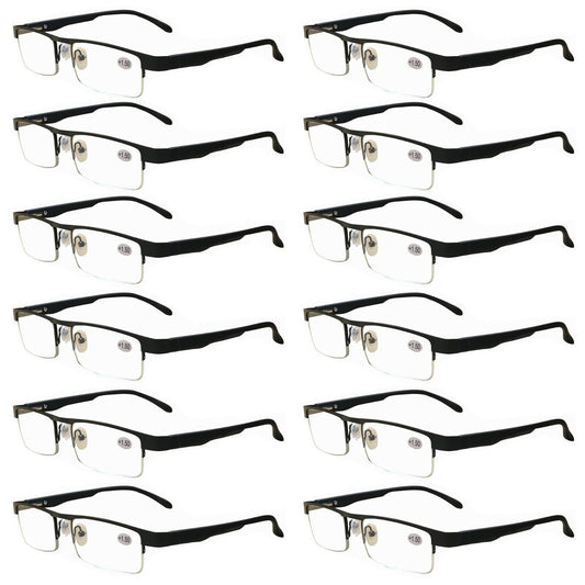 12 Pairs Mens Metal Black Frame Rectangular Reading Glasses Spring Hinge Readers