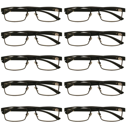 10 Packs Mens Rectangle Metal Frame Reading Glasses Black Spring Hinge Readers