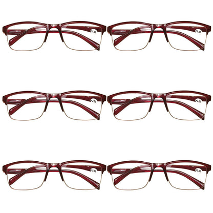 6 Pair Womens Half Frame Square Classic Reading Glasses Red Spring Hinge Readers