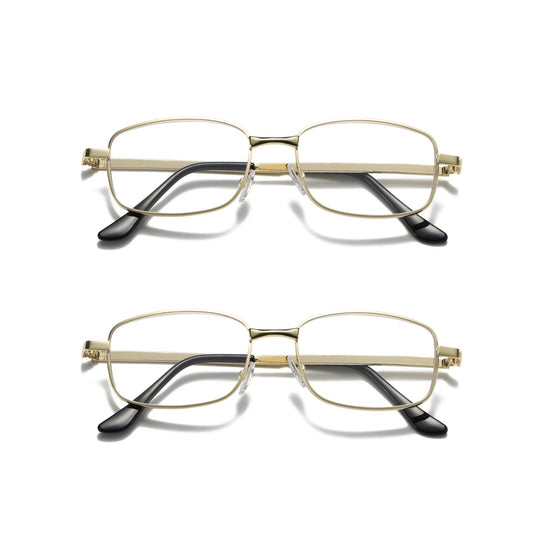 2 Pair Mens Square Metal Frame Golden Reading Glasses Classic Readers Eyeglasses