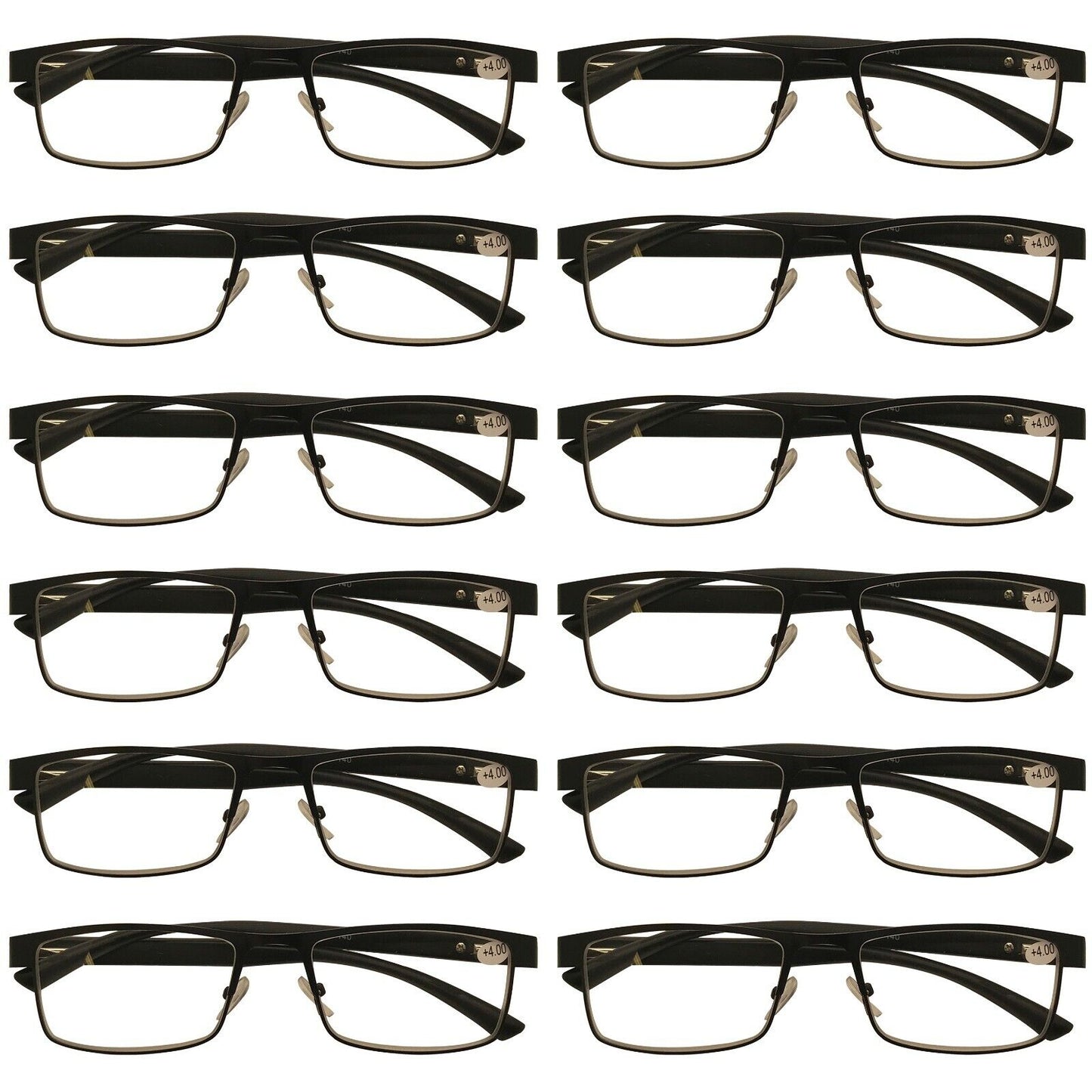 12 Packs Mens Rectangle Metal Frame Reading Glasses Black Spring Hinge Readers