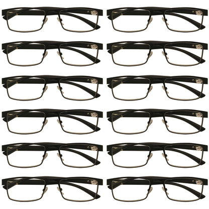 12 Packs Mens Rectangle Metal Frame Reading Glasses Black Spring Hinge Readers