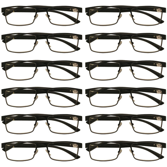 12 Packs Mens Rectangle Metal Frame Reading Glasses Black Spring Hinge Readers