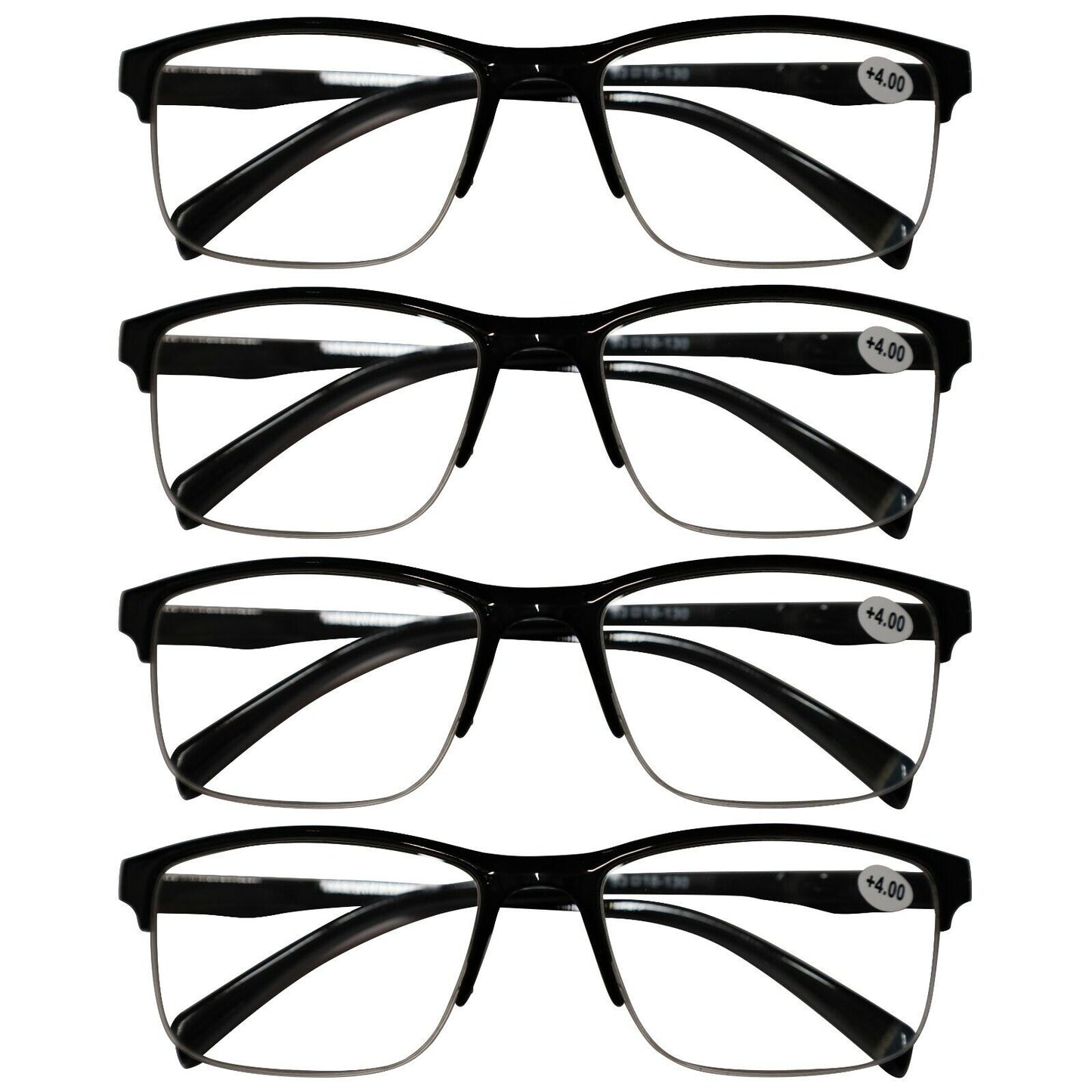 4 Packs Mens Unisex Half Frame Square Reading Glasses Black Spring Hinge Readers