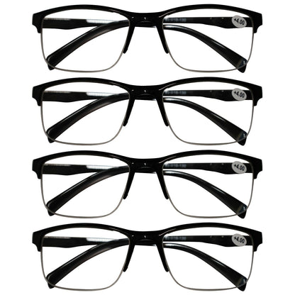 4 Packs Mens Unisex Half Frame Square Reading Glasses Black Spring Hinge Readers