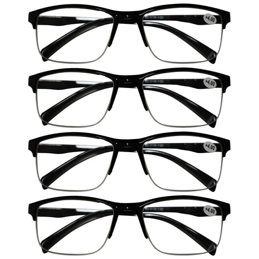 4 Packs Mens Unisex Half Frame Square Reading Glasses Black Spring Hinge Readers