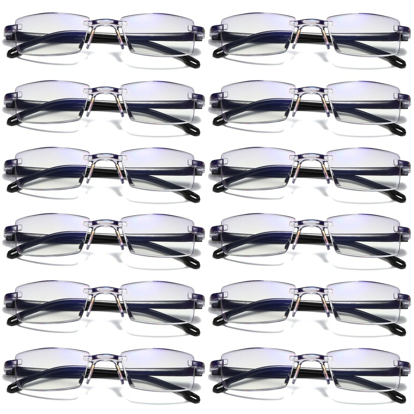 12PK Mens Rectangular Rimless Blue Light Blocking Reading Glasses Unisex Readers