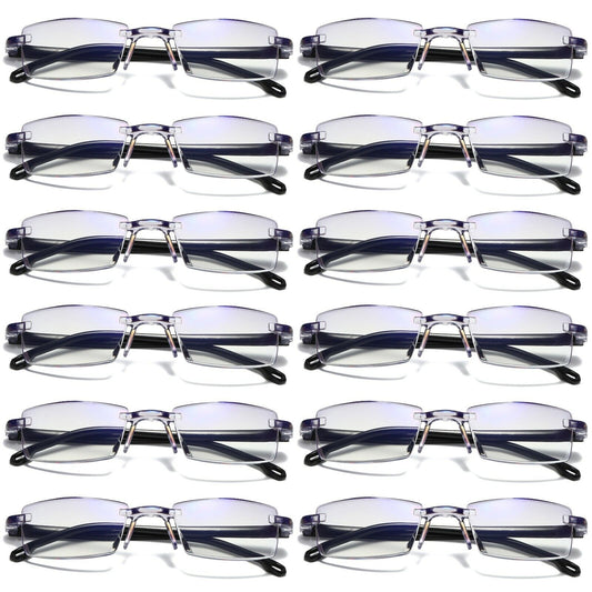 12PK Mens Rectangular Rimless Blue Light Blocking Reading Glasses Unisex Readers