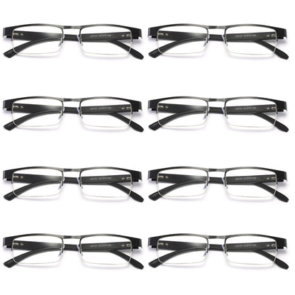 8 Pair Mens Metal Half Frame Rectangle Reading Glasses Spring Hinge Slim Readers